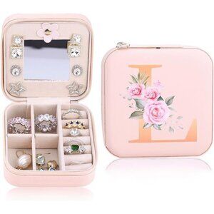 Travel Jewelry Box, L Initial Small Case for Women, Pink Organizer,